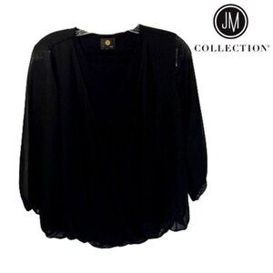 JM‎ Collection Women's V-neckline Mesh Trim Long Sleeves Pullover Blouse